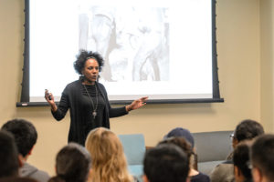 Students in the Chadbourne Residential College (CRC) and the Multicultural Learning Community (MLC) participate in a social justice workshop hosted by social activist Bree Newsome on Oct. 12, 2016. Newsome asked the students to think about a time that they felt powerful and provide them with insights and a history of social justice. (Photo by Bryce Richter / UW-Madison)