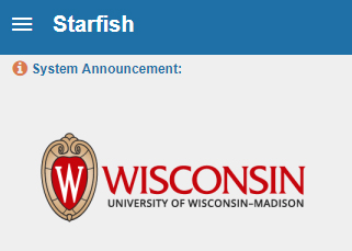 Starfish main header showing the sidebar menu button (three horizontal lines) in the top left corner and the full UW-Madison logo below text that says "System Announcement"