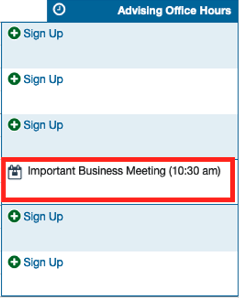 Advising Office Hours block with 5 open slots and one closed slot from an external calendar conflict titled "Important Business Meeting (10:30 am)".