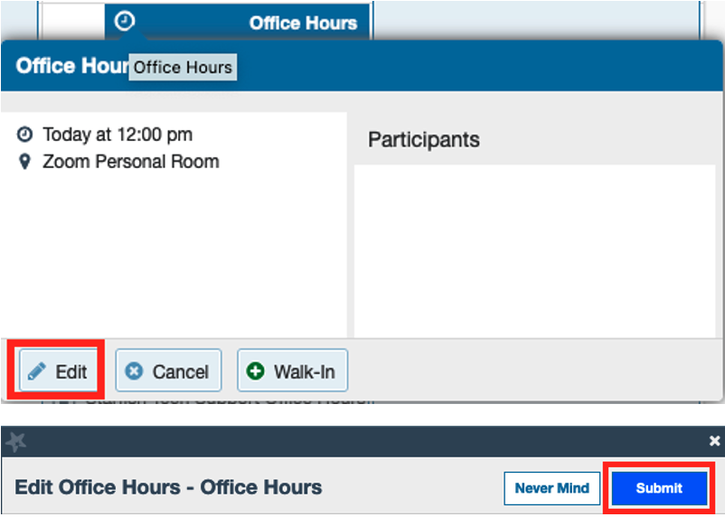 Edit meeting interface from Starfish with Edit button highlighted. Then the Edit Office Hours window from Starfish with Submit button highlighted.