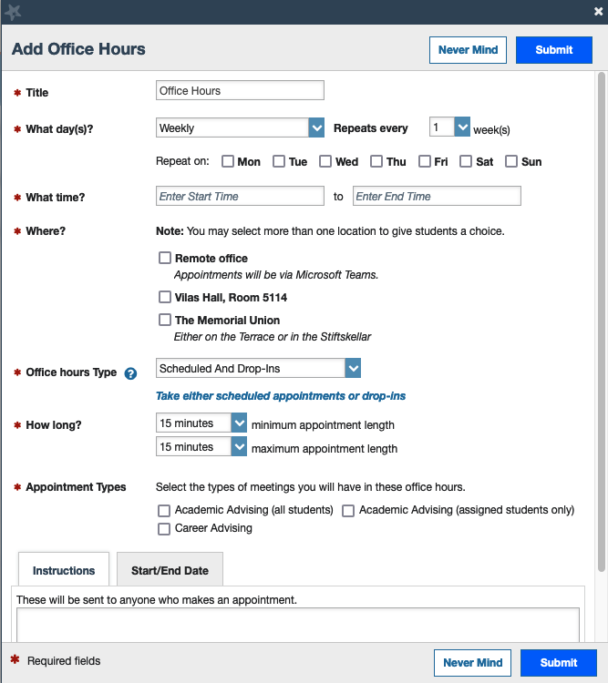 Add Office Hours dialog, which includes office hour title, when, where, office hours type, minimum and maximum appointment length, appointment type selections, an instructions field, and a tab controlling the start and end date.