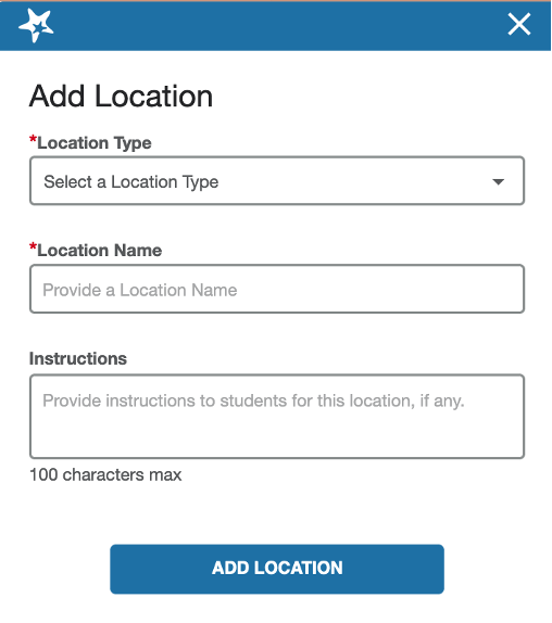 Add Location dialog - Location type selection field - Location Name text field - Instructions text field