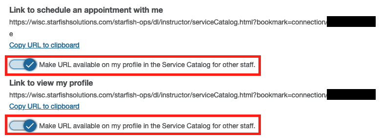 "Link to schedule an appointment with me" and "Link to view my profile" in the Edit Profile settings, with the slider "Make URL available on my profile in the Service Catalog for other staff." enabled on both.