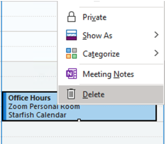 Right click menu on an Outlook calendar item with Delete selected