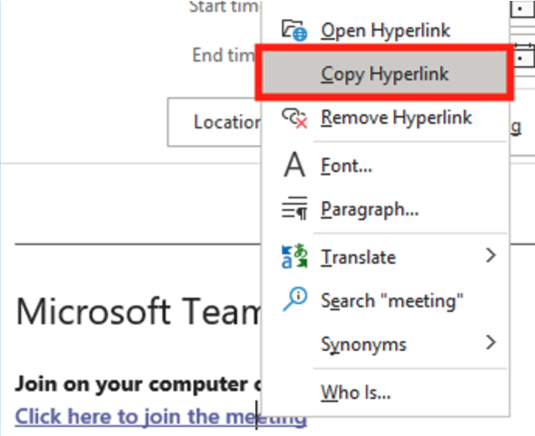 Right click menu from an emailed Teams link with Copy Hyperlink selected