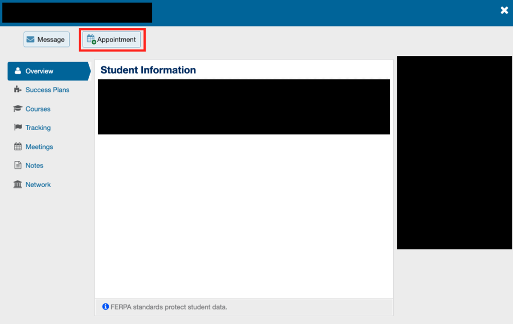 Student folder view with +Appointment button highlighted