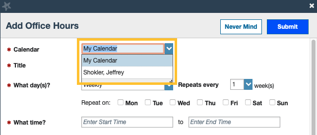 Add Office Hours dialog showing a calendar selection dropdown menu next to the Calendar field