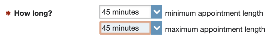 Office hour setting that says "how long?" with the minimum and maximum appointment length set to 45 minutes