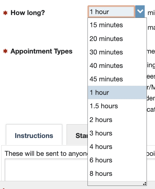 Dropdown menu for choosing an appointment duration. The next option after 1 hour is 1.5 hours.