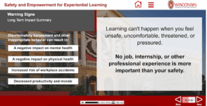 This screenshot from the Safety and Empowerment Canvas course informs a student that discriminatory harassment and other inappropriate behavior can result in negative impacts on mental and physical health and productivity. 