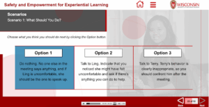 This screenshot from the Safety and Empowerment Canvas course is part of the scenario section. It asks students "What would you do?" and then gives three options. Option 1 is highlighted and says "Do nothing." Other options are "Talk to Ling" or "Talk to Terry." 