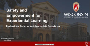 Screenshot of the opening slide for the safety and empowerment Canvas training. It reads "Safety and Empowerment for Experiential learning: Professional Behavior and Appropriate Boundaries." 