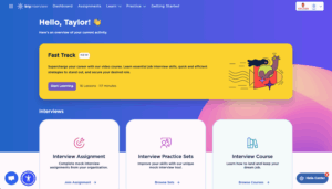 Screenshot of the Big Interview dashboard showing a personalized greeting ‘Hello, Taylor!’ and a highlighted section titled ‘Fast Track NEW’ promoting video courses to improve job interview skills. The section includes a ‘Start Learning’ button and details of 16 lessons totaling 117 minutes. Below are three options: ‘Interview Assignment,’ ‘Interview Practice Sets,’ and ‘Interview Course,’ each with descriptions and links. The top navigation bar includes Dashboard, Assignments, Learn, Practice, and Getting Started. A notification icon with two alerts and a Help Center button appear in the bottom right corner.